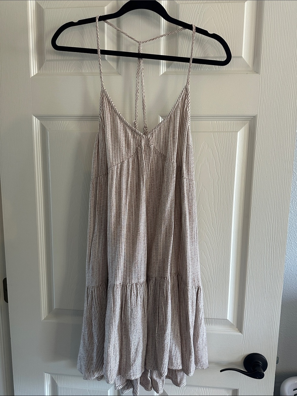 aerie Taupe Striped Tiered Spaghetti-Strap Mini Dress